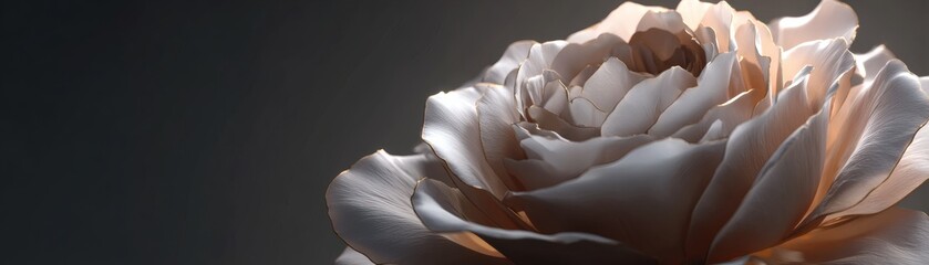 A close-up shot of a delicate rose with soft, layered petals. The flower is beautifully lit, creating shadows and highlights, and has an elegant and serene feel