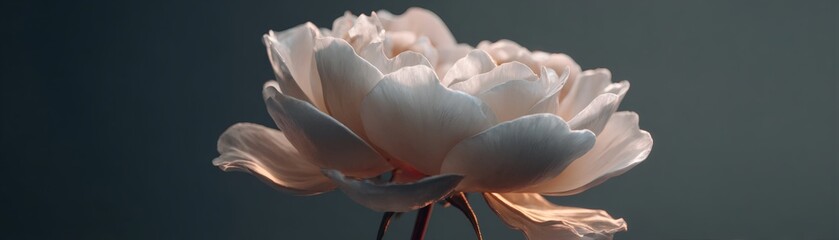 A close-up of a delicate rose flower in full bloom, showcasing its soft petals and intricate details. The flower is gently lit, highlighting its beauty and grace