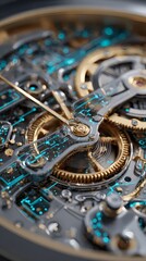 Close-up of a complex watch mechanism with intricate details and a futuristic design. The image showcases the gears, springs, and other internal components of a luxury timepiece.