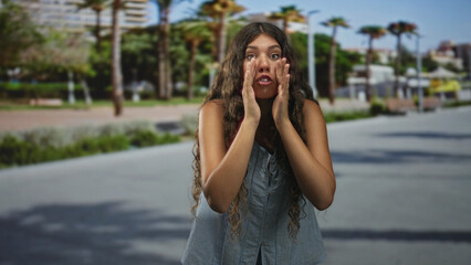 Teenage girl cupping hands to mouth shouting on a sunny street with palm trees and benches visible;...