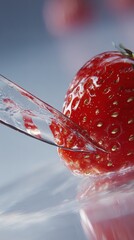 A close-up shot of a strawberry being sliced by a knife, with water droplets adding a fresh look