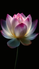 A single lotus flower with delicate pink petals against a dark background, radiating beauty