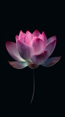 A solitary lotus flower in full bloom, showcasing vibrant pink petals and a serene ambiance