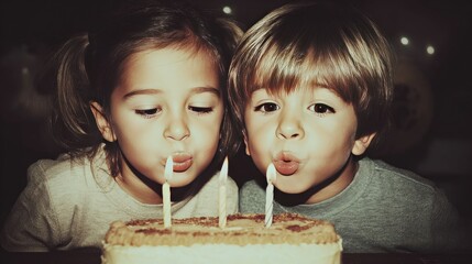 Children Blowing Out Birthday Candles Together at a Party Celebration