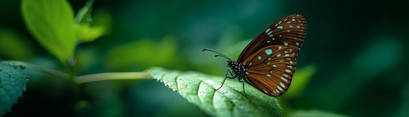 A brown butterfly perched delicately on a vibrant green leaf, in a serene natural setting. The intricate details of the butterfly's wings are captured