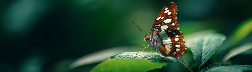 A beautiful butterfly on a leaf, with detailed wing patterns against lush green foliage