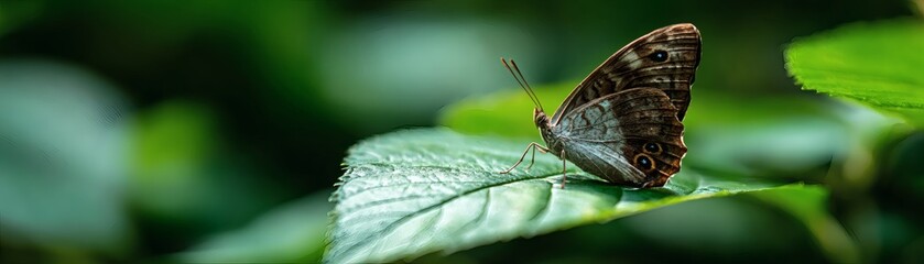 A butterfly resting on a green leaf, showcasing its beautiful pattern and delicate wings