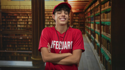 Teenage lifeguard boy in red shirt and cap with whistle crosses arms and smiles with eyes closed amid tall bookshelves in a library building  playful confidence. © Krakenimages.com
