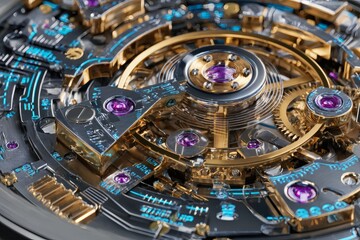 Intricate view of watch mechanism with detailed gears and jewels
