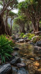 A serene stream flowing through a lush forest. The water reflects the sunlight, creating a tranquil scene
