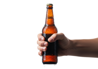 Macro close-up of an ice-cold, condensation-covered brown glass longneck beer bottle, firmly gripped by a caucasian man's hand, isolated on a transparent background with copy space. Concept for