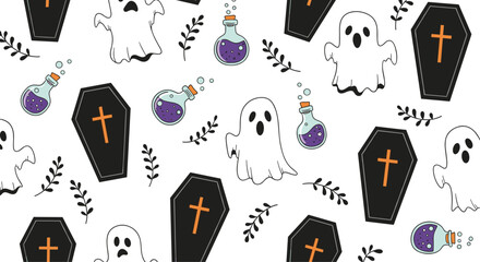 Playful halloween seamless pattern with cute ghosts black coffins and purple potion bottles on a white background for festive holiday decorations.