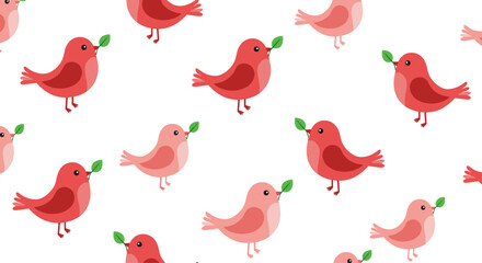 Seamless pattern of small red and pink birds carrying green leaves in their beaks on a white background representing spring and nature themes.