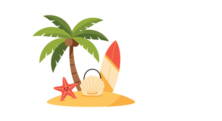 Obraz premium Small tropical island featuring a coconut palm tree, a surfboard, a sea shell bag, and a smiling starfish on golden sand under clear sky.