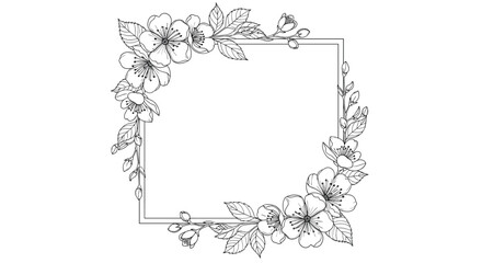 Fototapeta premium Elegant square frame adorned with delicate black and white sketches of spring blossoms and leaves for wedding or greeting card templates.