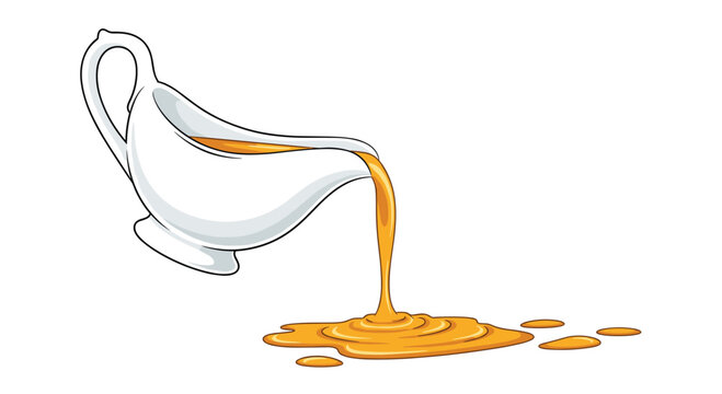 White ceramic gravy boat pouring a golden liquid or sauce onto a surface isolated on a white background for food and culinary presentation.