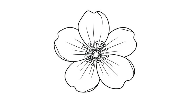 Simple line drawing of a single cherry blossom with five petals and delicate stamens isolated on a white background for spring floral decorations.