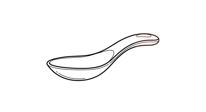 Simple line drawing of a ceramic or plastic soup spoon with a curved handle isolated on a white background for kitchen and dining themes.