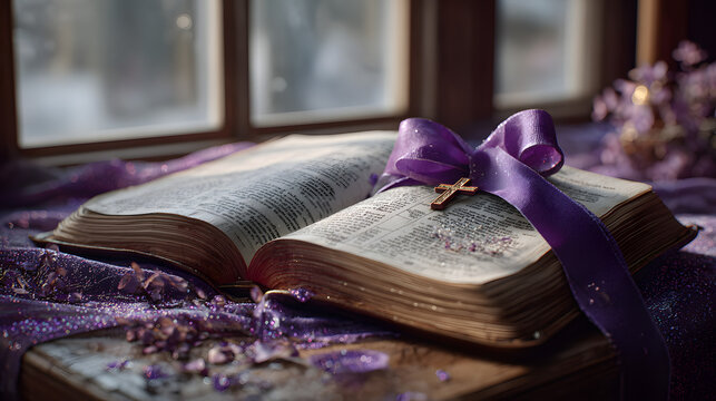 Open bible with purple ribbon bookmark on Ash Wednesday, ash cross visible on the page, feeling of devotion and quiet reflection
