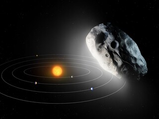 Interstellar object in the solar system. Extrasolar comet on a black background. Cosmic body traveling through the galaxy.