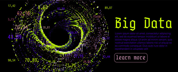 Swirling vortex of multicolored data points with floating decimal numbers on a dark background, accented by neon green highlights. Conceptual vector illustration for big data, digital technology.