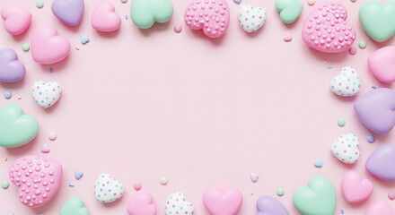 A pink background surrounded by pastel-colored hearts and candies. A sweet and cute frame design for Valentine's Day, birthdays, and romantic celebrations.