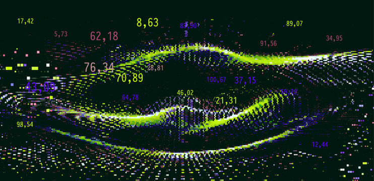 Flowing wave of multicolored pixel-like particles with scattered floating decimal numbers on a dark background, highlighted by vibrant neon green glows. Conceptual vector illustration for big data, an