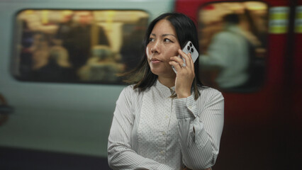 Woman holding smartphone to ear with folded arms on a crowded train platform inside a building; urban commute concern.