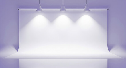 A photography studio setup with three modern lamps, featuring a professional white infinite background in shades of purple. An empty stage for content creators.