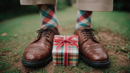 Stylish Checkered Socks and Gift Box on Grass with Brown Leather Shoes