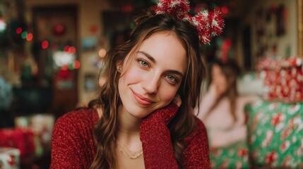 Festive Young Woman in Red Sweater with Cute Holiday Headband Surrounded by Christmas Gifts