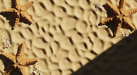 Sea stars and pebbles on a wavy sandy ground. A natural background composition with a summer vacation, beach, and sea theme.