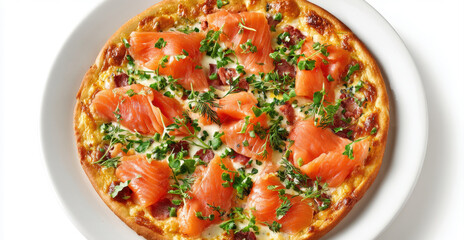 Gourmet Italian Style Pizza Topped with Fresh Smoked Salmon Slices Creamy Mascarpone Cheese Crispy Bacon and Aromatic Green Herbs Served on a White Plate for Luxury Culinary Dining Experience Concept