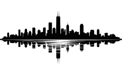 Obraz premium A black silhouette cityscape with skyscrapers reflected in water, against a white background, showcasing a modern urban landscape in a simple, graphic style.