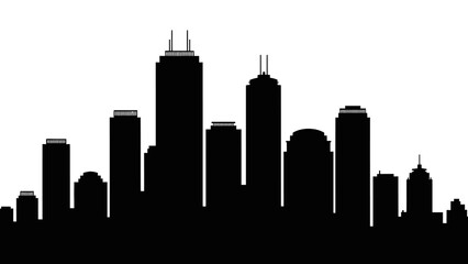Obraz premium A black silhouette of a cityscape with skyscrapers against a white background, showcasing a modern urban landscape in a simple, graphic style.
