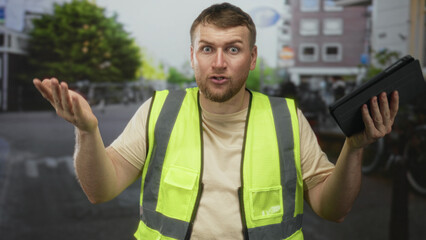 Man in yellow safety vest holding tablet and shrugging with palms up on a street; confusion uncertainty.