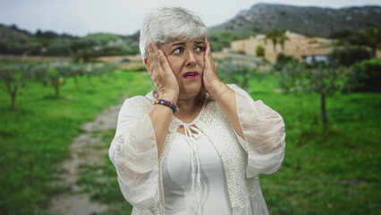 Woman with grey hair holds hands up, palms facing outward on a rural path by a stone building, showing surprise and a worried expression; concern reflection aging.