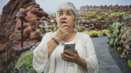 Woman tapping smartphone with finger on a stone garden path lined with succulents and rock walls; thoughtful reflection.