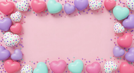 A vibrant pink background decorated with three-dimensional colored hearts and beads. A fun and modern frame design for Valentine's Day and special celebrations.