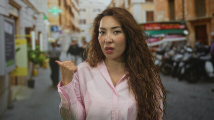 Woman in pink shirt thumb pointing over shoulder on a busy city street with scooters and blurred...