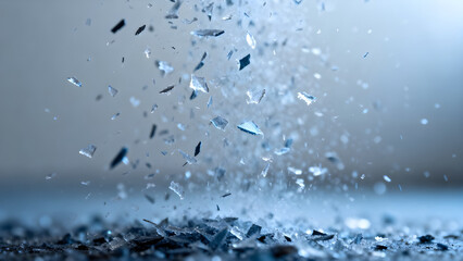 Abstract blue ice shards exploding and scattering in motion, dynamic freeze-frame effect