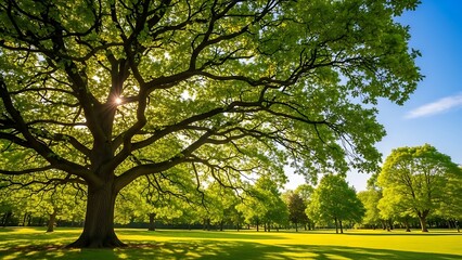 Fototapeta premium Vibrant Summer Landscape with Sunlight Filtering Through Lush Leaves