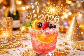 2026 new year celebration cocktail with sparkler and fresh berries / New year 2026 toast concept with colorful cocktail and sparkler
