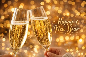 Champagne toast celebration with happy new year message and golden lights / New year eve toast with sparkling champagne / new year message on Champagne glasse background image for social purpose 