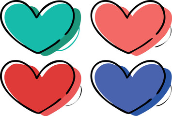 A modern artistic set of four minimalist heart symbols with clean lines and refined aesthetics for minimalist branding and logo design.