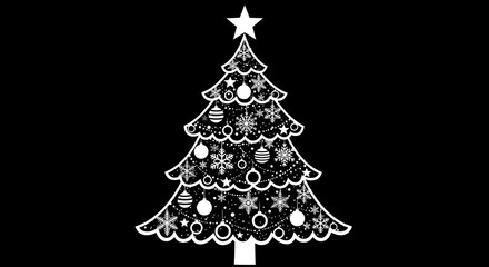 A stylized Christmas tree illustration created with white lines on a black background, filled with snowflakes and decorations.