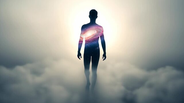 Man silhouette with galaxy inside body hovering over mystical foggy clouds for spiritual awakening concept animation