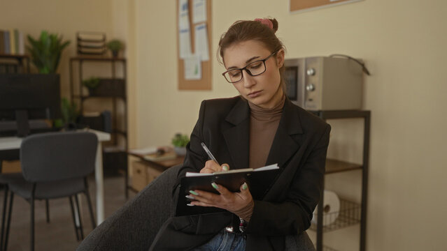 Young woman in glasses writing in a notebook at a modern office desk, surrounded by shelves and plants, conveying focus and professionalism in an interior workplace setting.