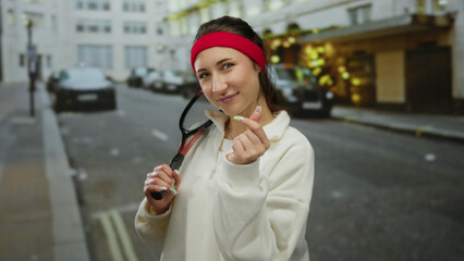 Woman in city street makes heart symbol with fingers holding tennis racket, embodying urban athleticism and joy amidst bustling outdoor backdrop.