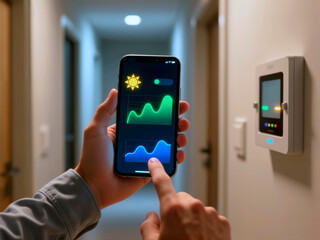 Person using a smartphone app to monitor home energy data in a hallway.